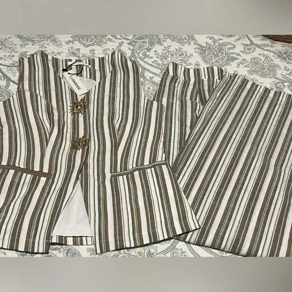 Commense Linen/Cotton Striped Vest & Mid-Waist Striped Wide-Leg Pants Set - Picture 5 of 16